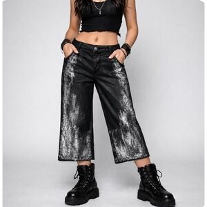 Dear John Womens Black Wide Leg Crop Pants Sz 29 Metallic Silver Edgy Grunge